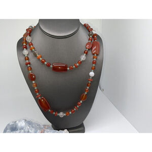 Red Stripe Agate Eye Beads & Jadeite Beads Strand Necklace